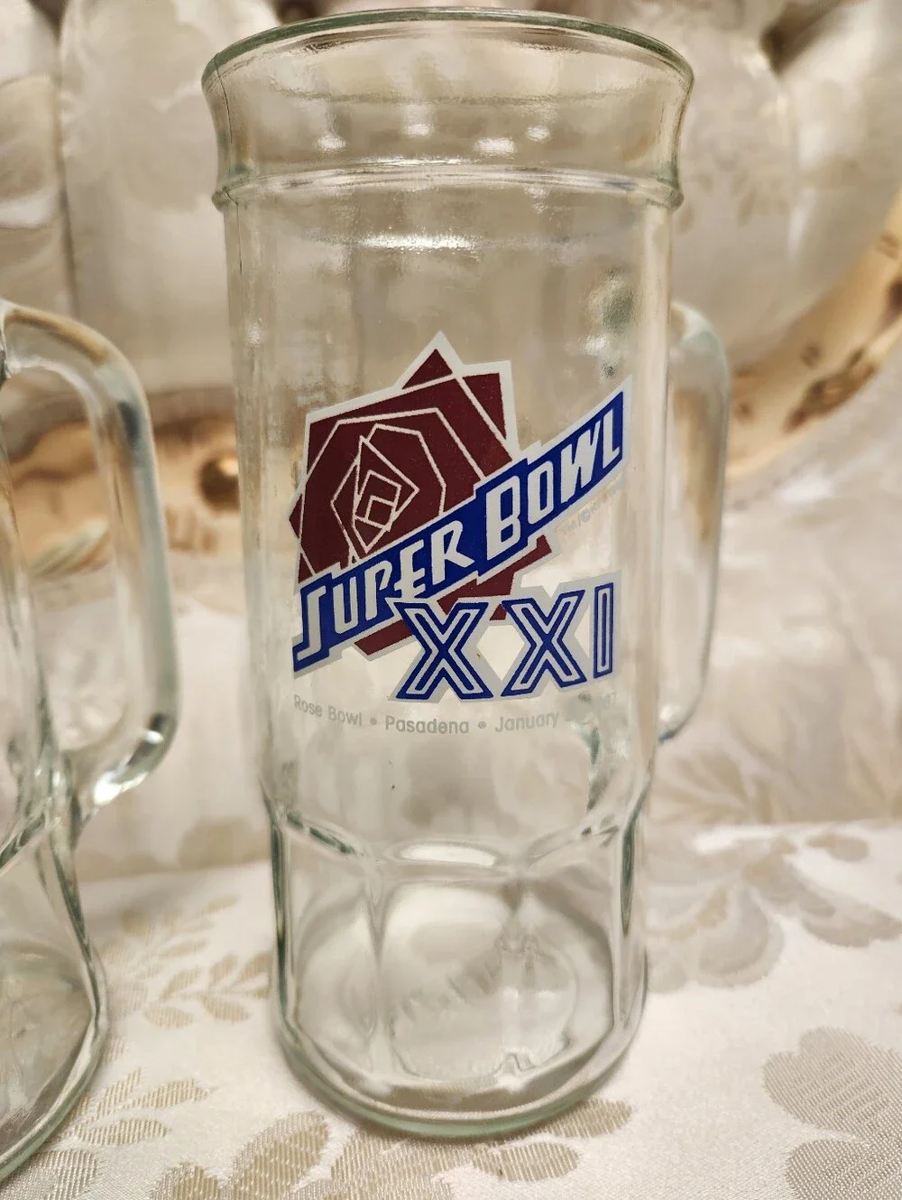 Vintage Super Bowl XXI (21) Glass Mugs, Set Of 2, 1986/7, Pasedena, Fisher, Cup